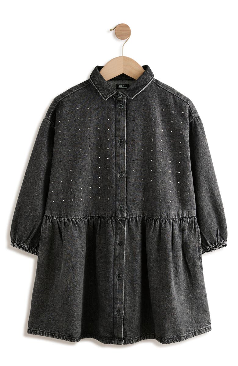 NEXT Kids' Diamante Long Sleeve Cotton Denim Shirtdress, Main, color, Black