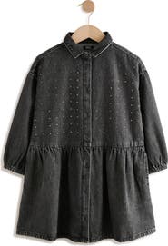 NEXT Kids' Diamante Long Sleeve Cotton Denim Shirtdress