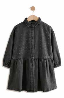 NEXT Kids' Diamante Long Sleeve Cotton Denim Shirtdress