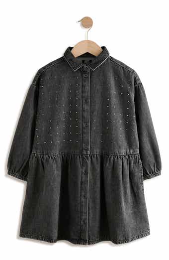 NEXT Kids' Diamante Long Sleeve Cotton Denim Shirtdress