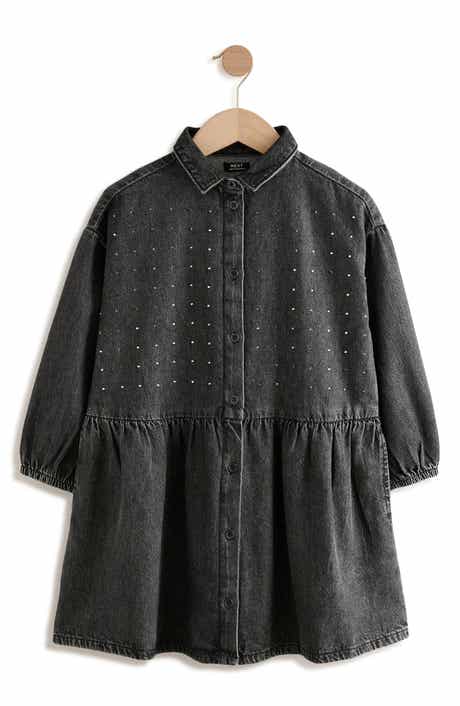 NEXT Kids' Diamante Long Sleeve Cotton Denim Shirtdress