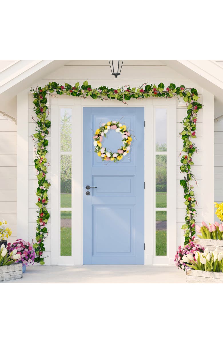 Northlight Easter Eggs and Flower Buds Artificial Wreath - 22" - Pink and Yellow - Unlit, Alternate, color, Pink