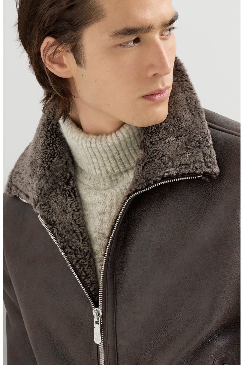 Vintage-effect shearling bomber jacket, Alternate, color, Brown
