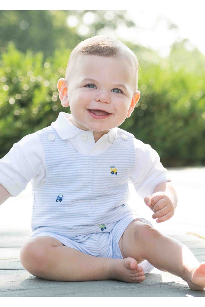 Stripe Birdseye Pique Shortall With Embroidered Trains, Alternate, color, Light Blue / White