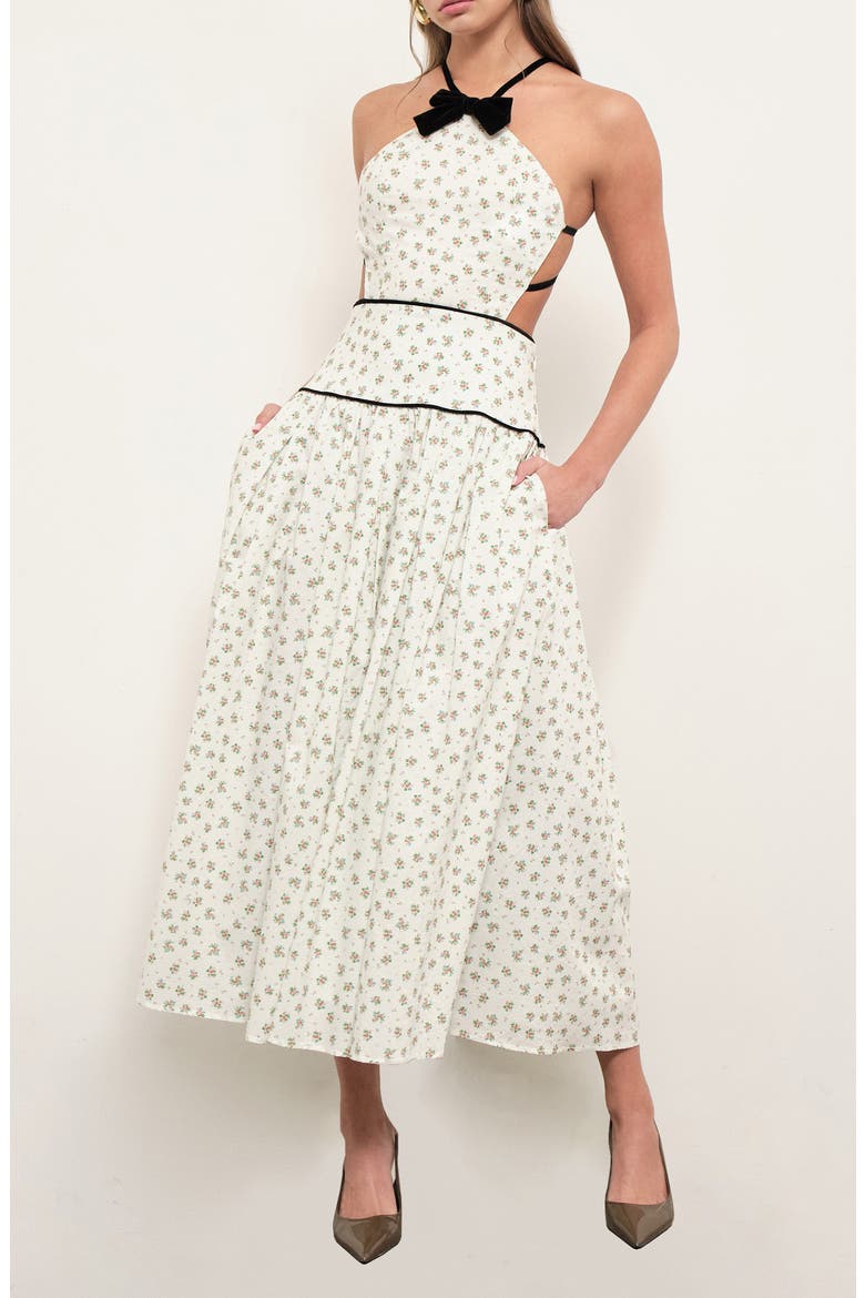 Harlow Bow Detail Floral Open Back Cotton Midi Dress, Alternate, color, SPRIGGED FLORAL