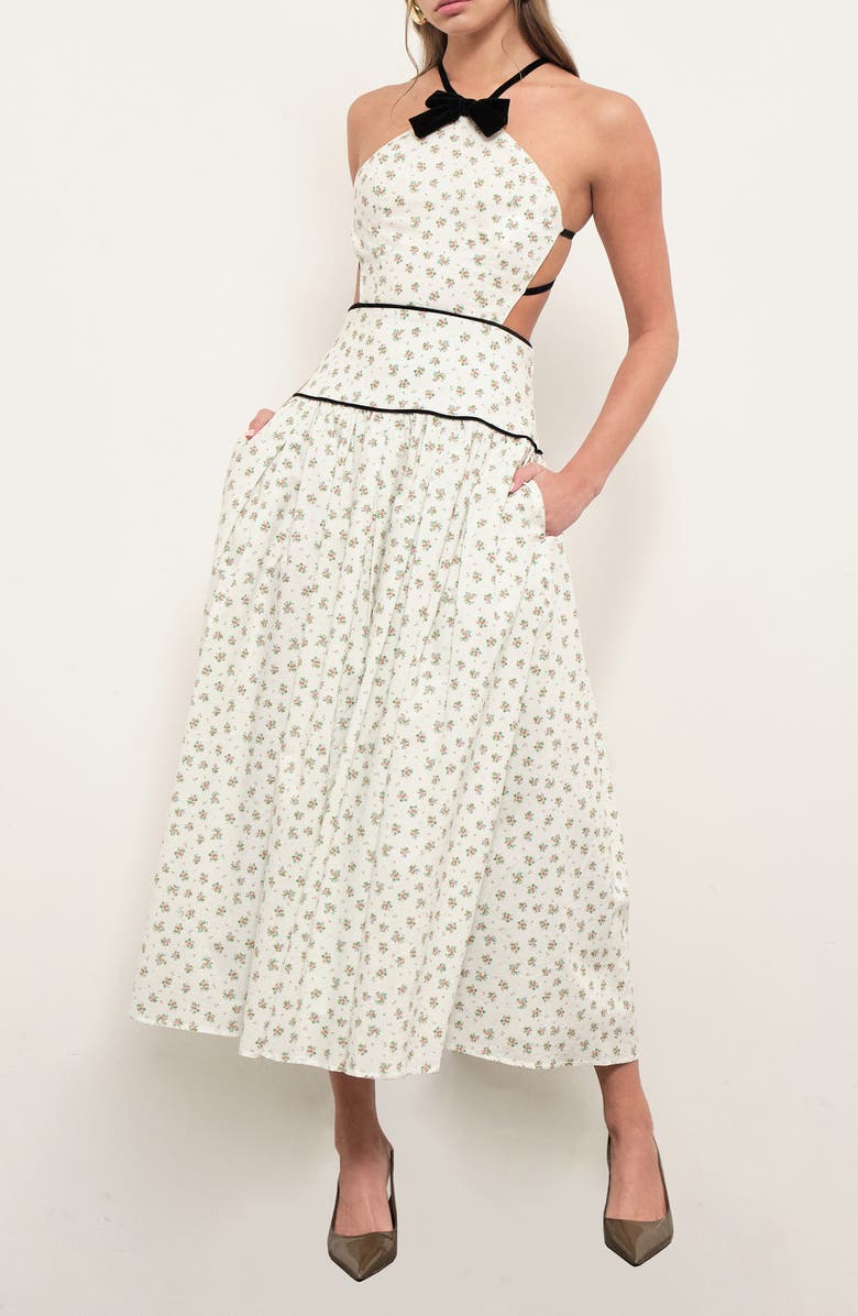 MAUDE CLUB Harlow Bow Detail Floral Open Back Cotton Midi Dress, Alternate, color, Sprigged Floral