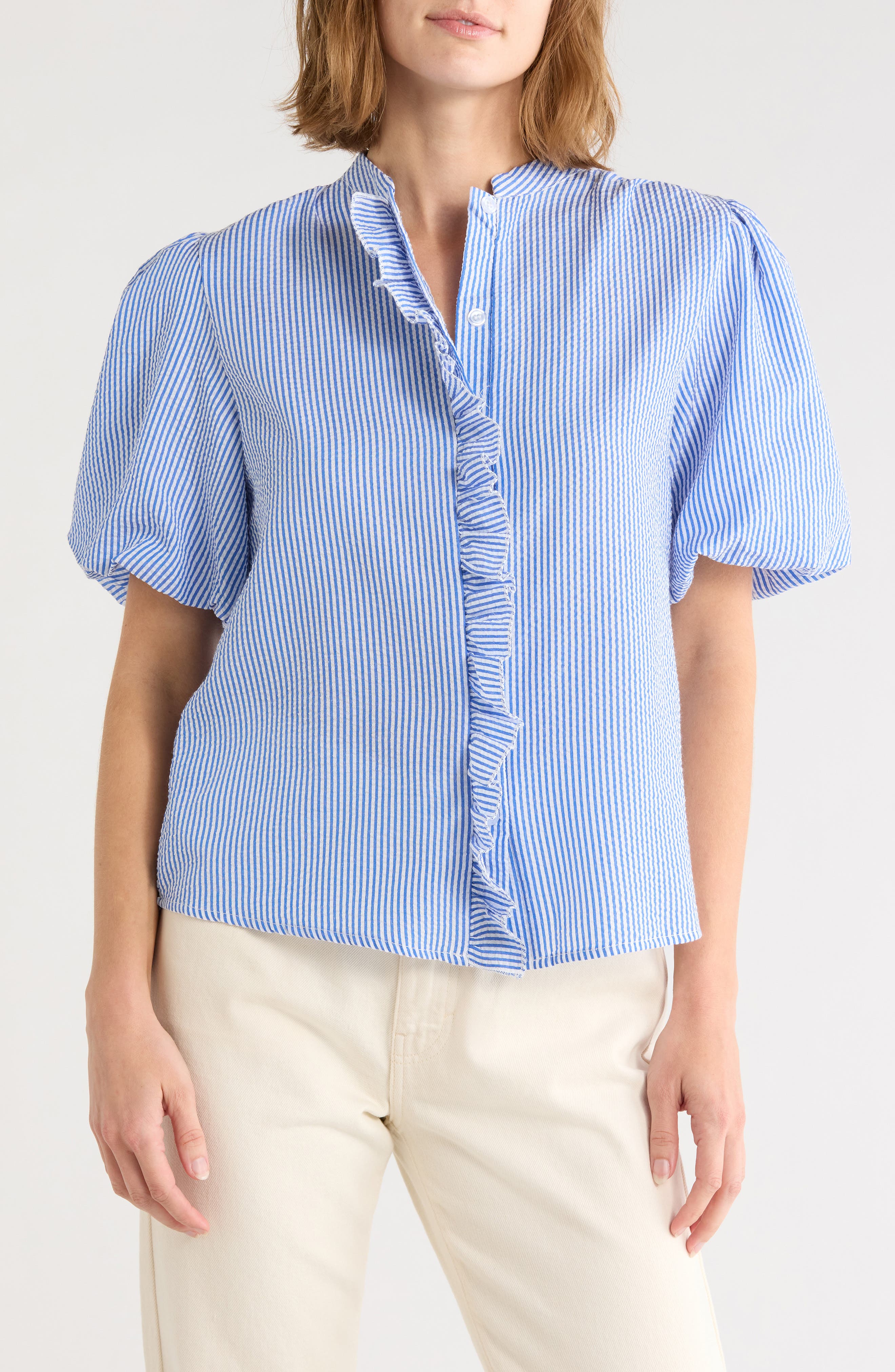 Striped Ruffle Bubble Sleeve Shirt