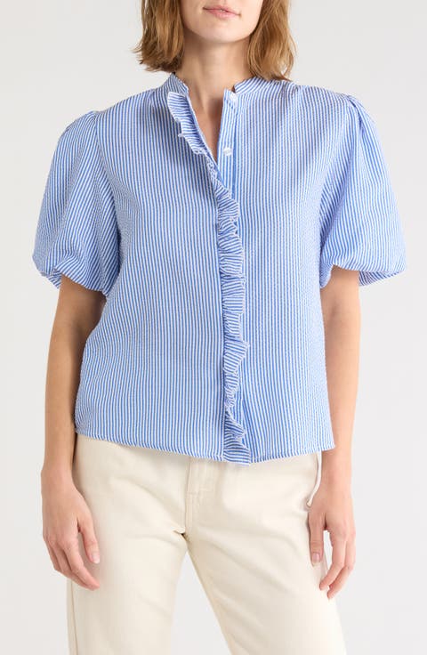 Striped Ruffle Bubble Sleeve Shirt