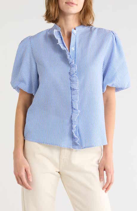 Striped Ruffle Bubble Sleeve Shirt