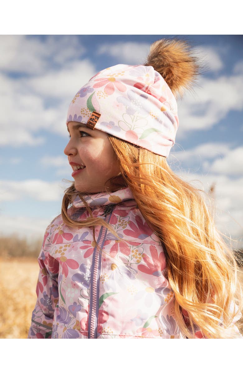 Deux par Deux Stretch Jersey Hat Flower Print with Pompom, Alternate, color, Pink Flower Print