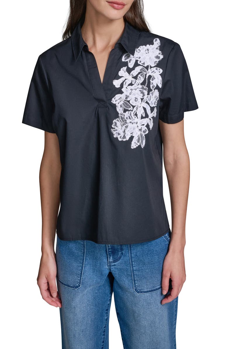 KARL LAGERFELD PARIS Lace Appliqué Woven Shirt, Main, color, Midnight Navy