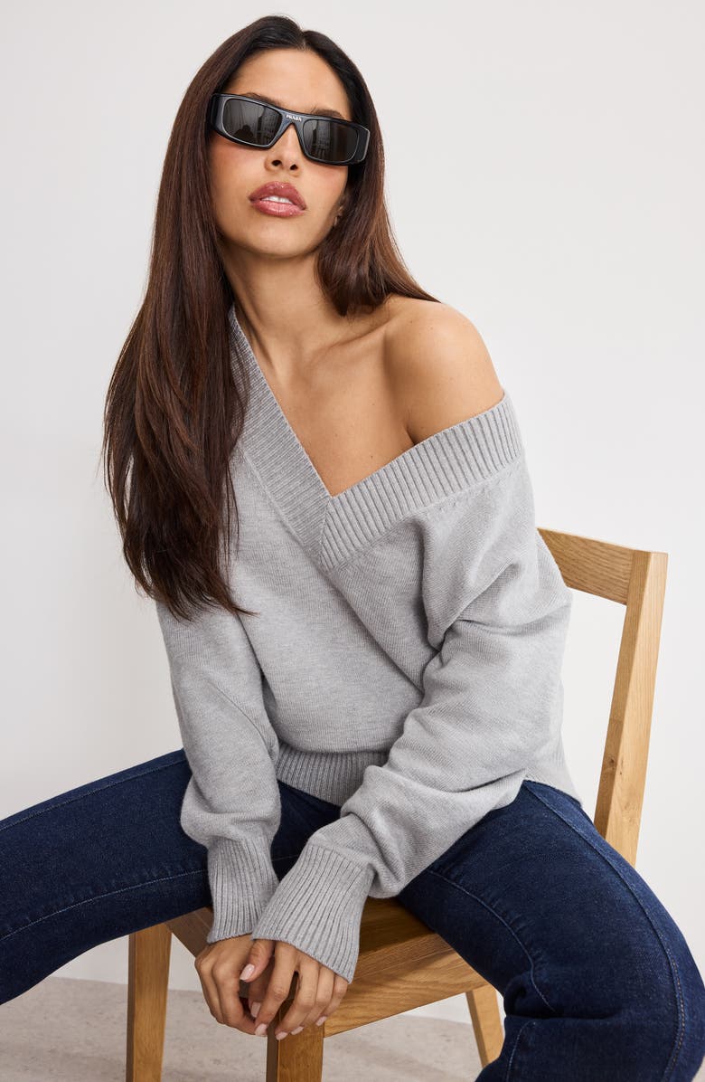 Good American Oversize V-Neck Sweater, Alternate, color, Melange Grey