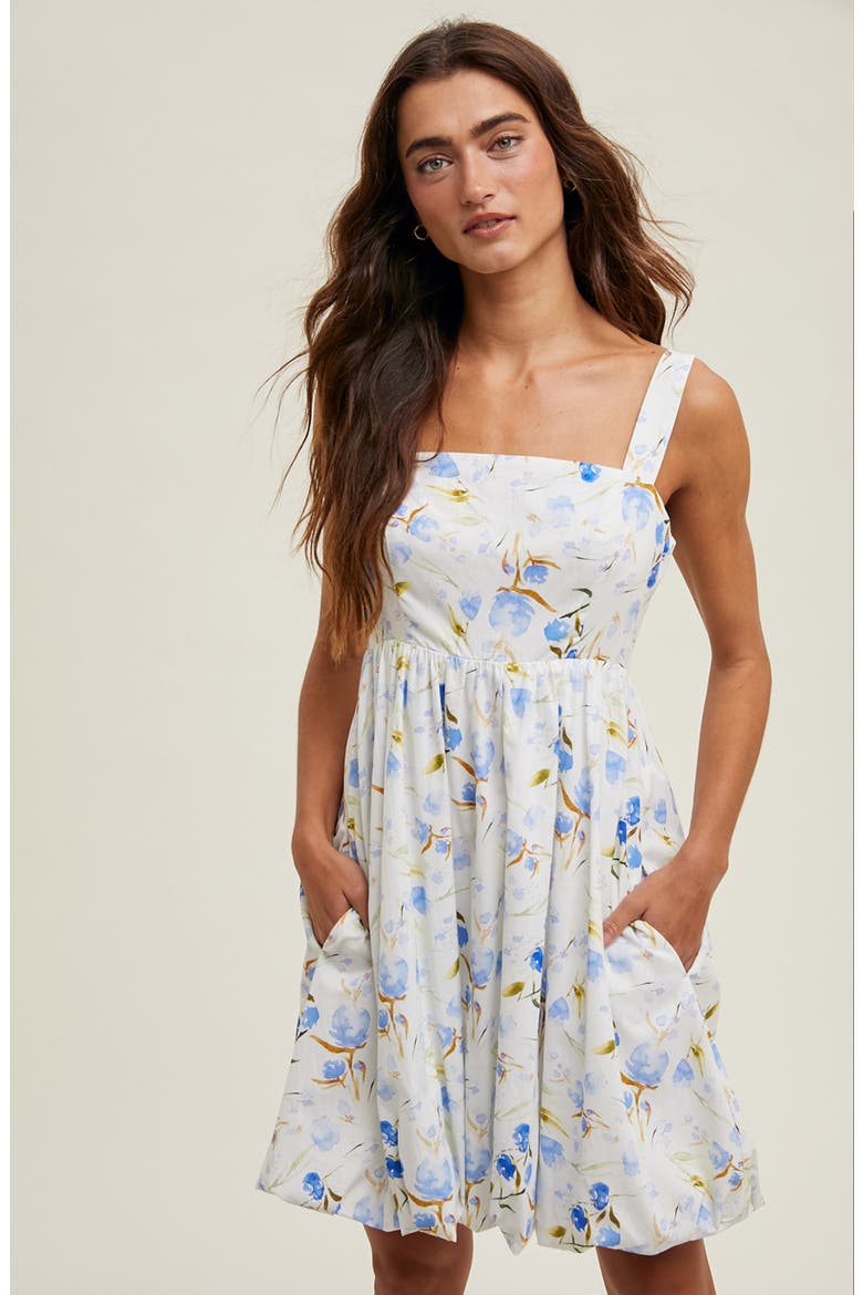 Floral Bubble Hem Fit & Flare Minidress, Alternate, color, BLUE/ WHITE