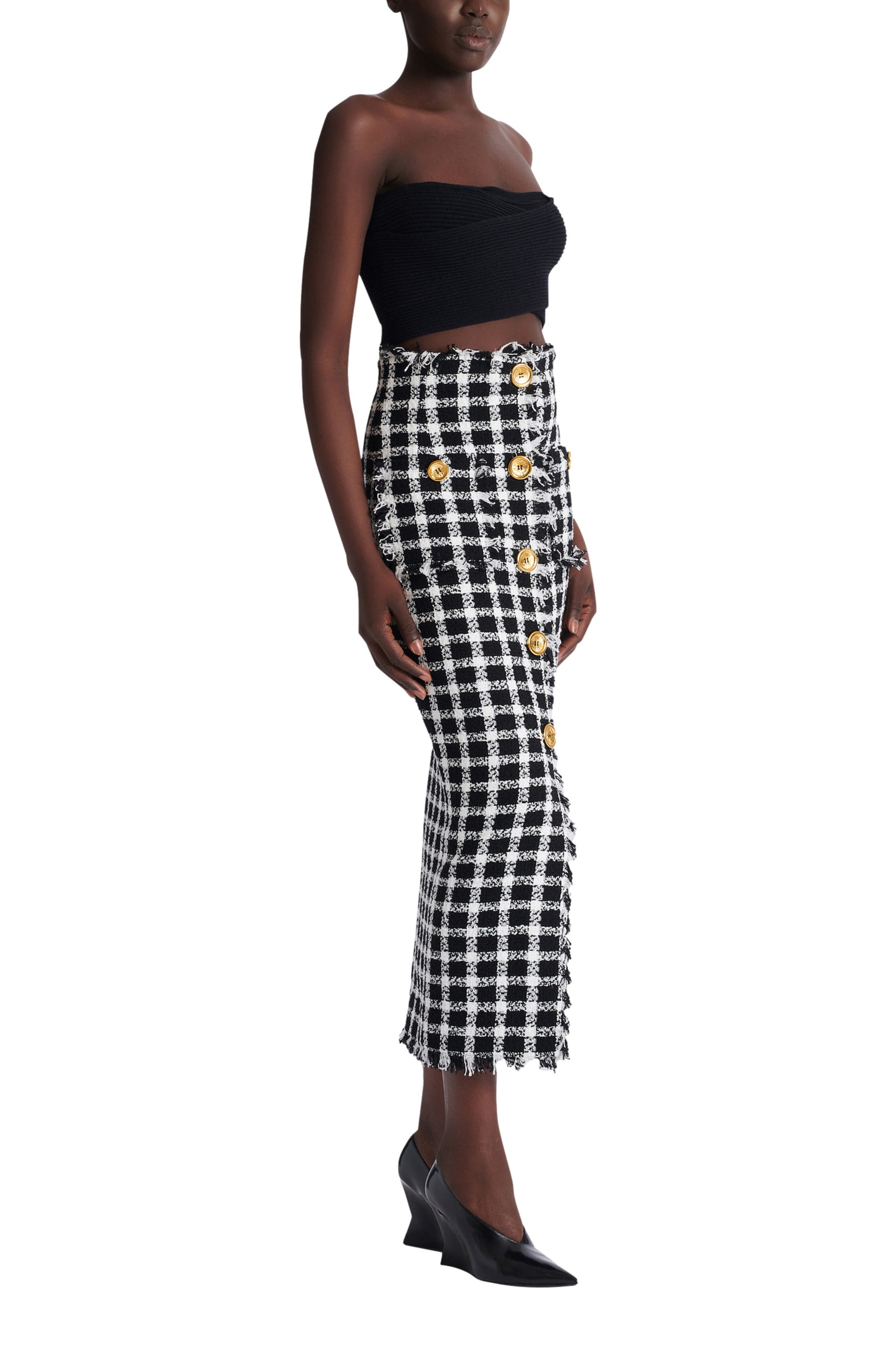 Balmain Long Gingham Tweed Skirt In Black