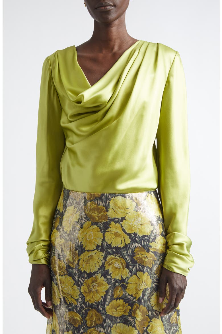 Draped Cowl Neck Silk Top, Alternate, color, LIME