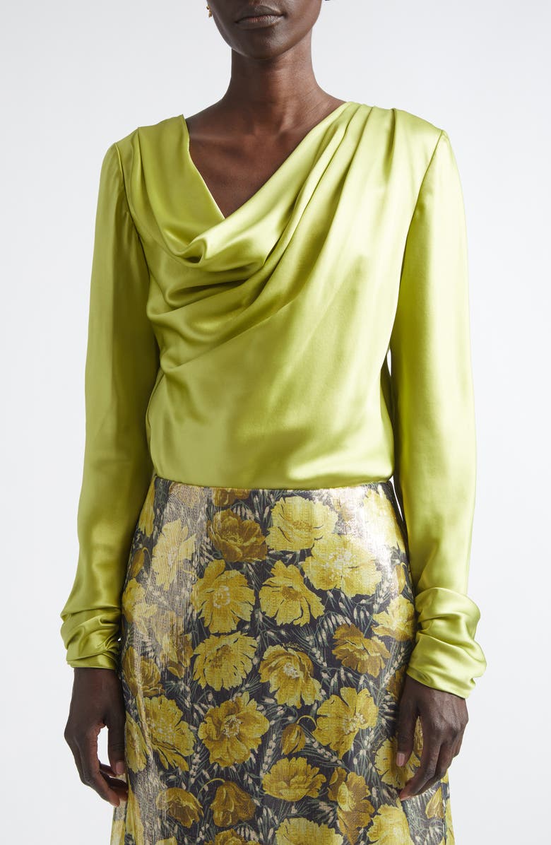 Valentino Draped Cowl Neck Silk Top, Alternate, color, Lime