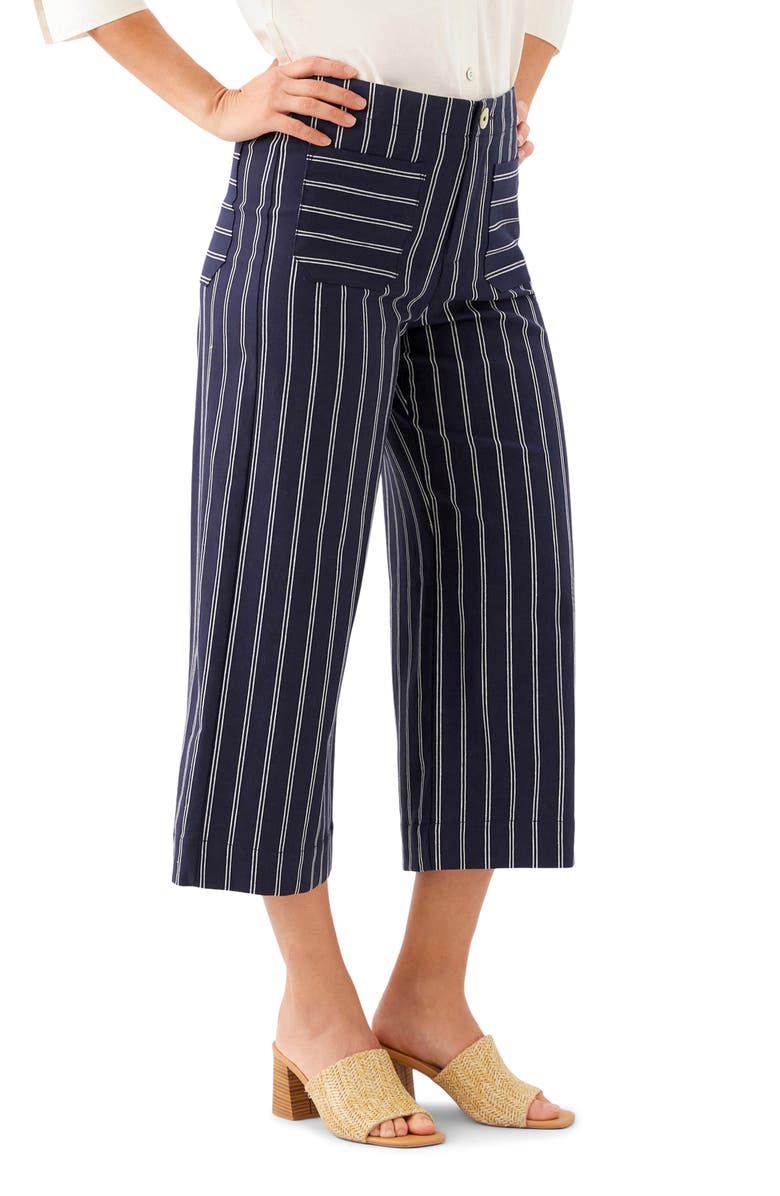 Karen Kane Stripe Cotton Blend Crop Wide Leg Pants, Alternate, color, Navy