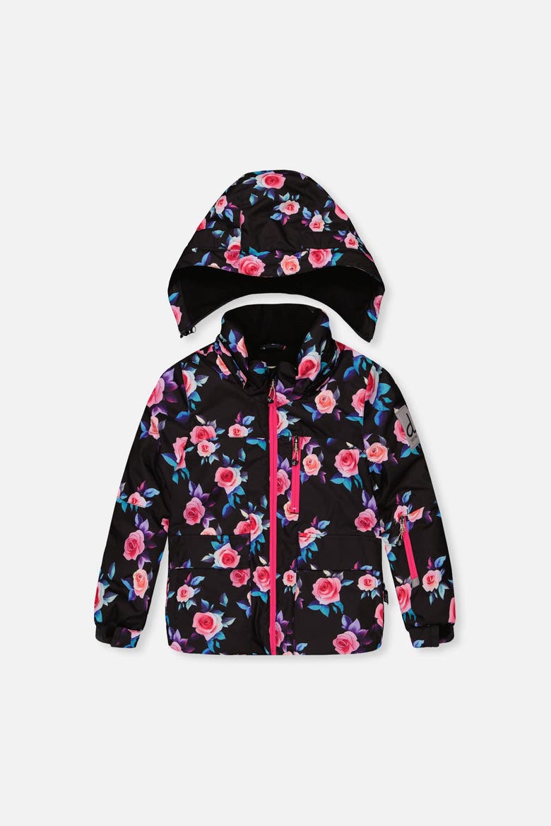 Floral Jacket & Foot Strap Pants Two Piece Snowsuit, Alternate, color, Black Printed