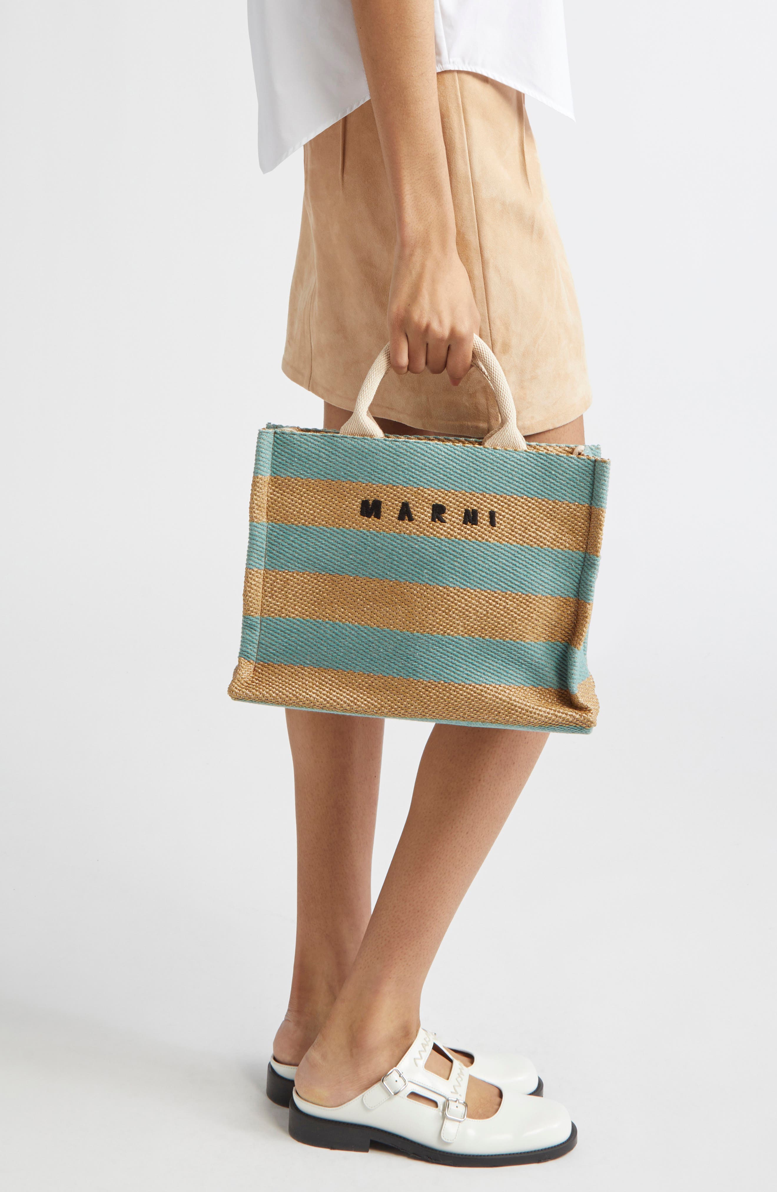 Marni Small Logo Stripe Woven Tote, Alternate, color, Teal/ Blue