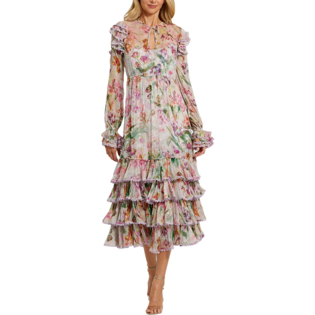 Mac Duggal Long Sleeve Tie Neck Ruffle Detail Floral Dress In Lilac Multi