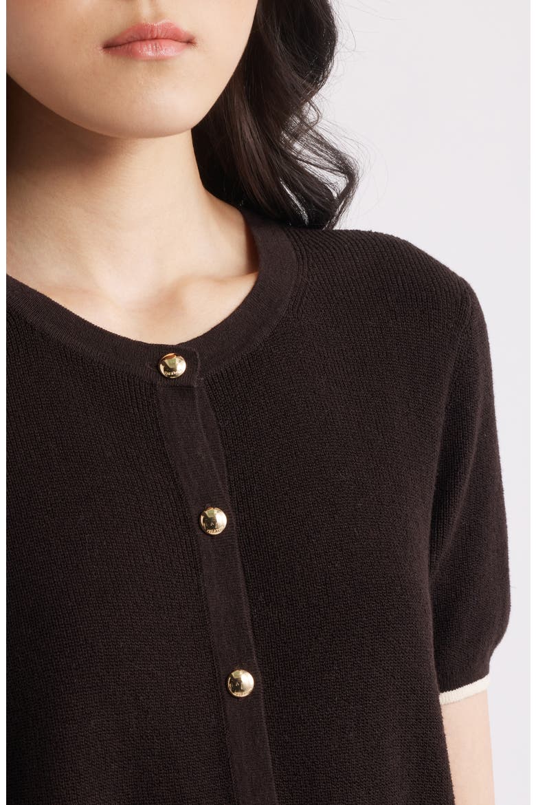 Dina Tipped Short Sleeve Cotton Blend Cardigan, Alternate, color, CHOCOLATE BROWN