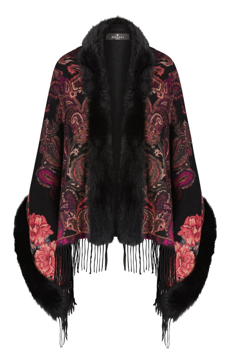 GORSKI Cashmere Stole Shearling Lamb Trim, Alternate, color, Red Paisley