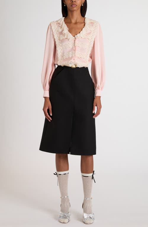 Valentino Ruffle V-neck Lace Trim Silk Shirt In Pink