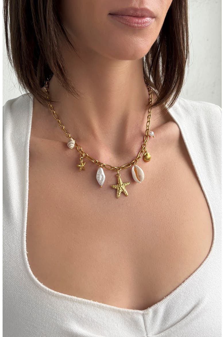 Freshwater Pearl & Assorted Shaker Charm Necklace, Alternate, color, GOLD/ WHITE