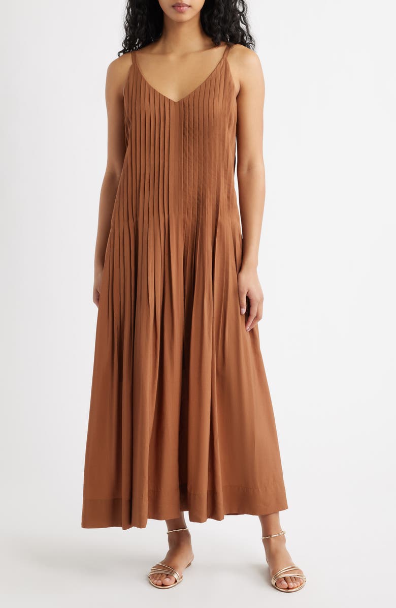 MOON RIVER Pleated Maxi Sundress, Main, color, Chocolate