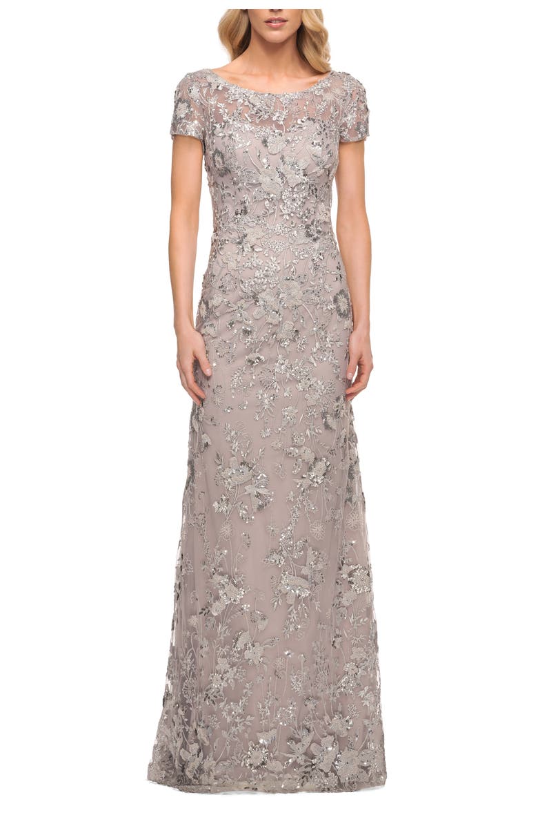 La Femme Glamorous Beaded Lace Column Dress with Short Sleeves, Alternate, color, Lavender/Gray