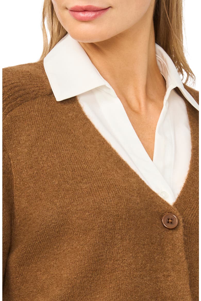Mixed Media Twofer V-Neck Cardigan, Alternate, color, RICH COGNAC