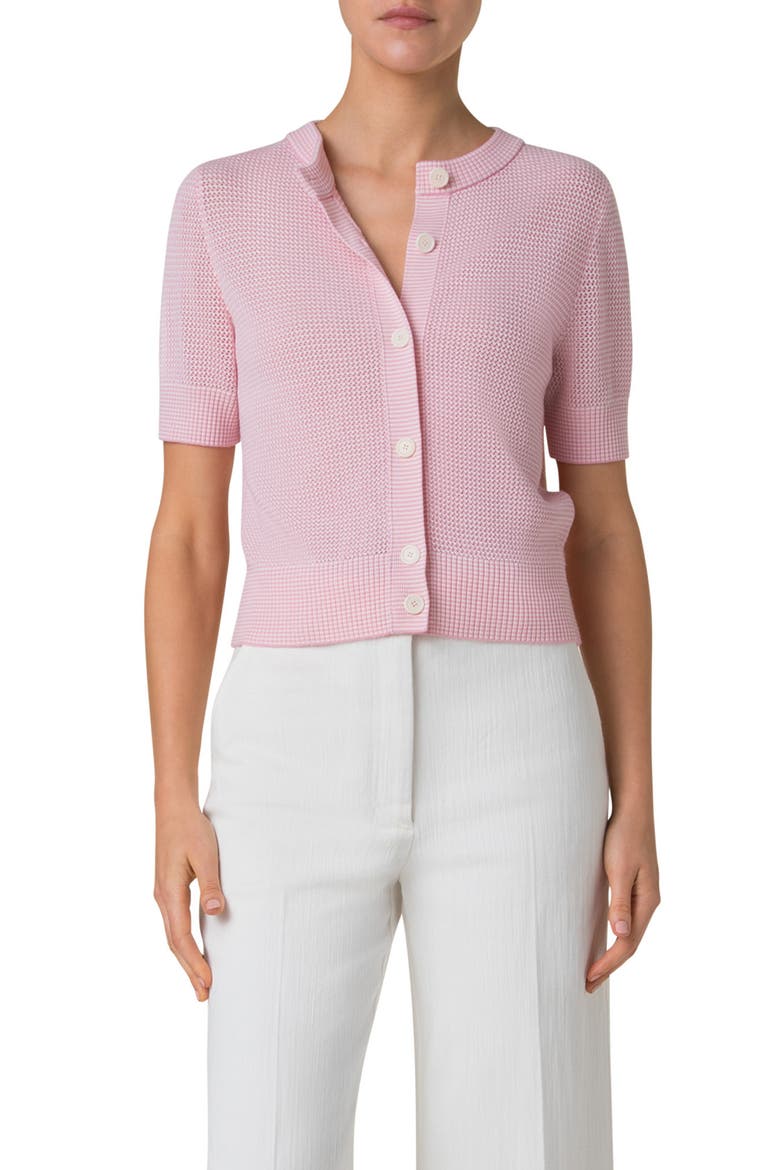 Stripe Short Sleeve Virgin Wool Cardigan, Main, color, PALE PINK-CREAM