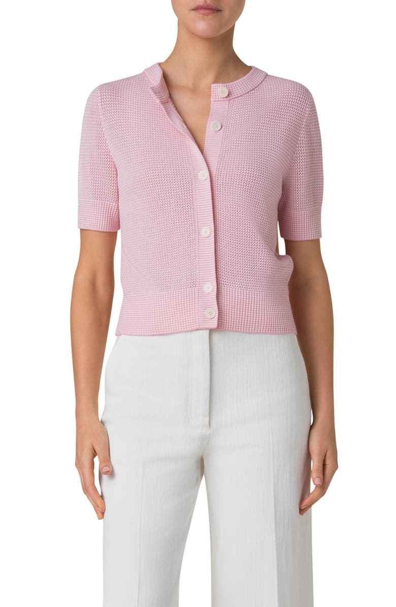 Akris punto Stripe Short Sleeve Virgin Wool Cardigan, Main, color, Pale Pink-Cream
