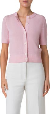 Akris punto Stripe Short Sleeve Virgin Wool Cardigan