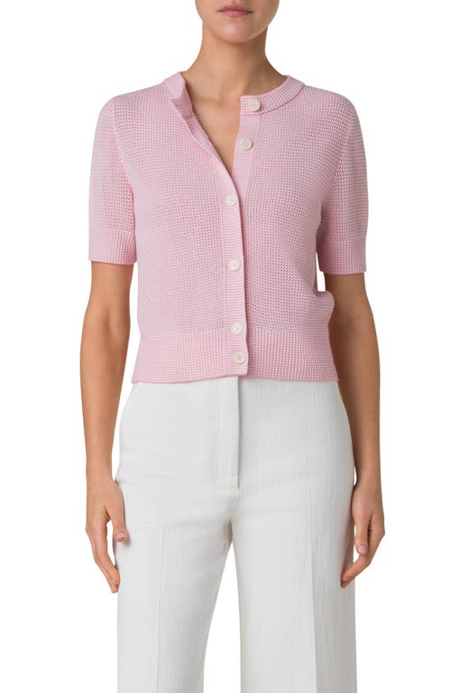 Akris Punto Stripe Short Sleeve Virgin Wool Cardigan In Pale Pink-cream