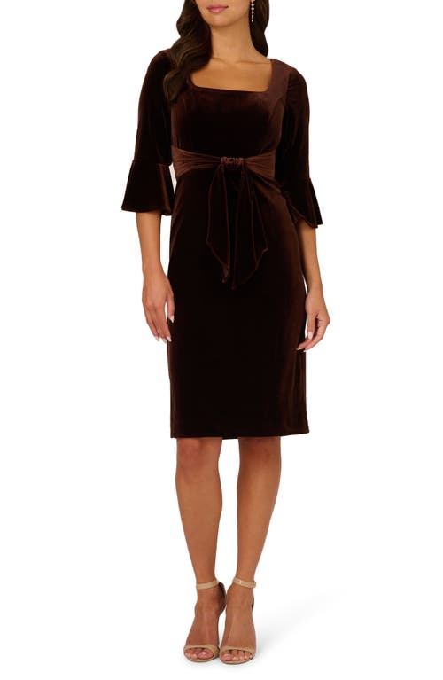 Adrianna Papell Tie Waist Elbow Sleeve Stretch Velvet Dress in Dark Brown 