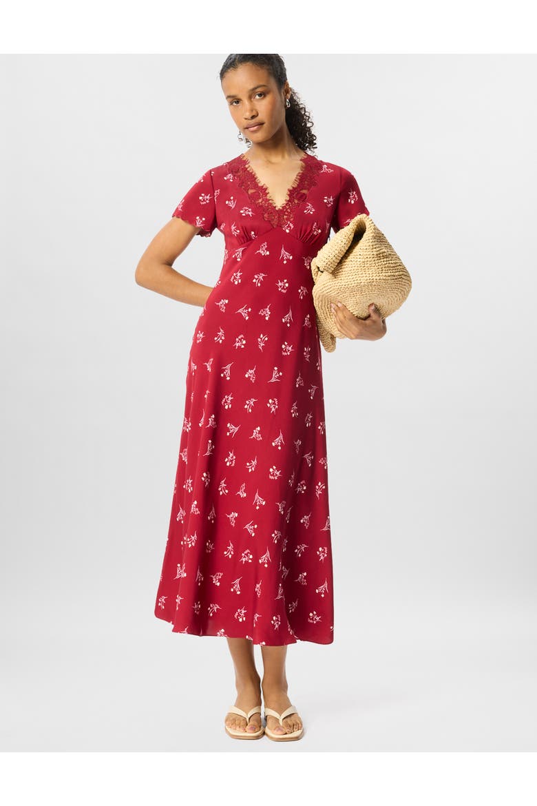 Floral V-Neck Midi Dress, Alternate, color, Burgundy/Multi