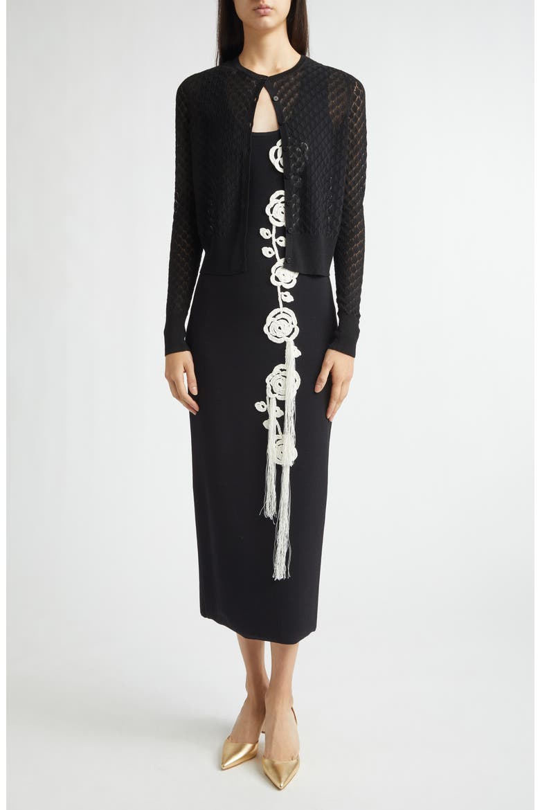 Floral Appliqué Knit Midi Cocktail Dress, Alternate, color, BLACK