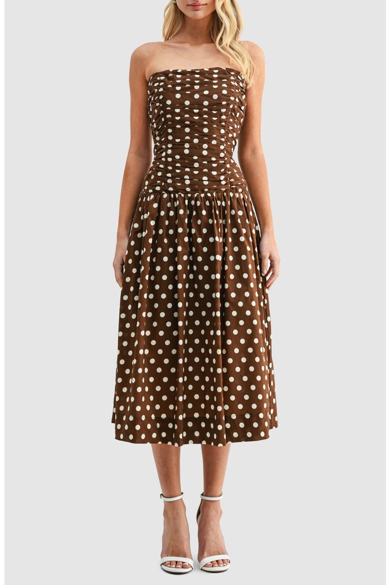 Polka Dot Strapless Dress, Main, color, BROWN CREAM DOT