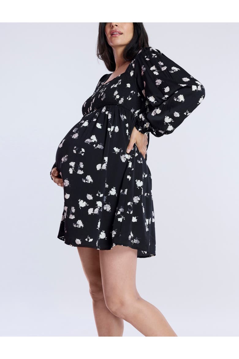 Smocked Babydoll Long Sleeve Mini Dress, Alternate, color, Black Floral