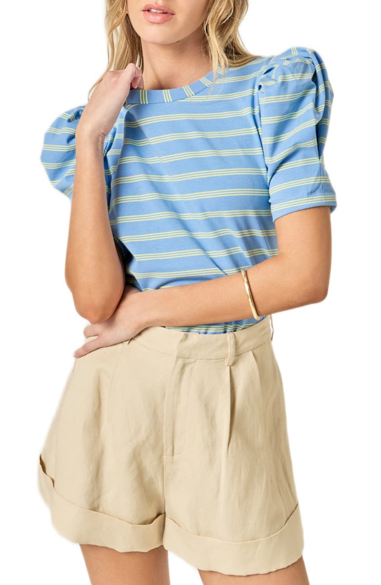 English Factory Stripe Puff Sleeve Top, Main, color, Blue/ Lime