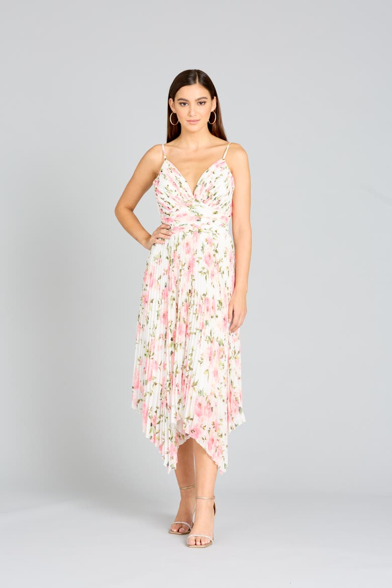 V-Neck Printed Midi Length Dress with Pleats, Main, color, WhiteRose