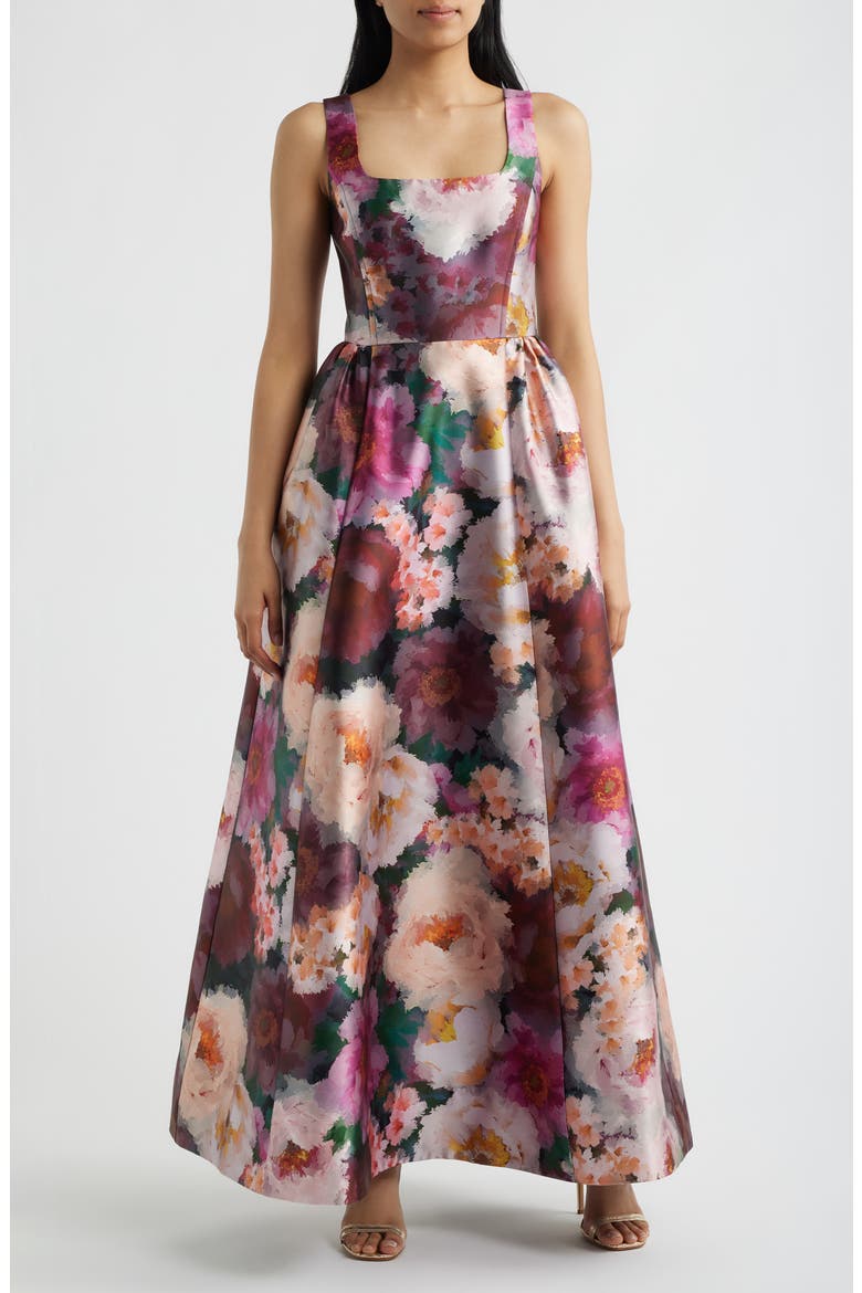 Floral Print Mikado Gown, Main, color, PINK/ WINE MULTI