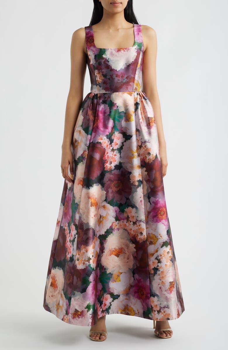 Julia Jordan Floral Print Mikado Gown, Main, color, Pink/ Wine Multi