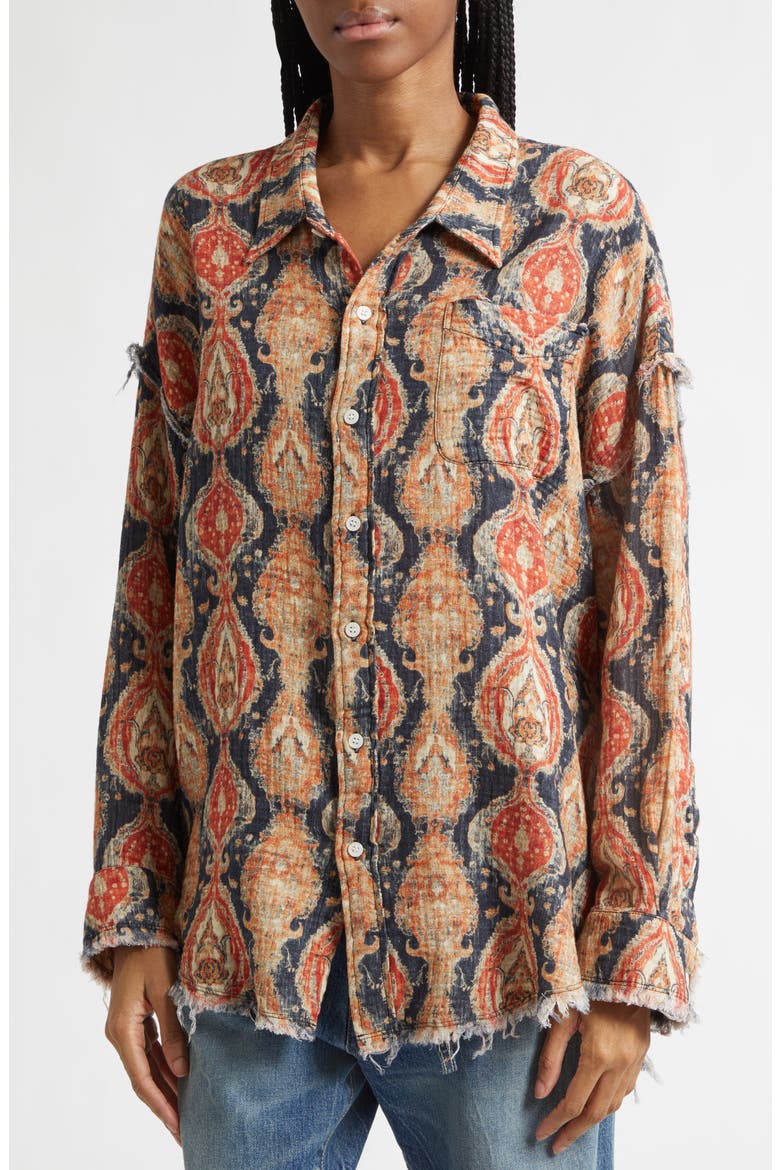 Shredded Seam Drop Neck Cotton Gauze Button-Up Shirt, Alternate, color, ORANGE DARK NAVY MULTICOLOR
