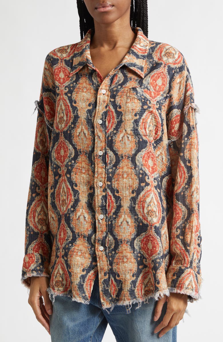 R13 Shredded Seam Drop Neck Cotton Gauze Button-Up Shirt, Alternate, color, Orange Dark Navy Multicolor