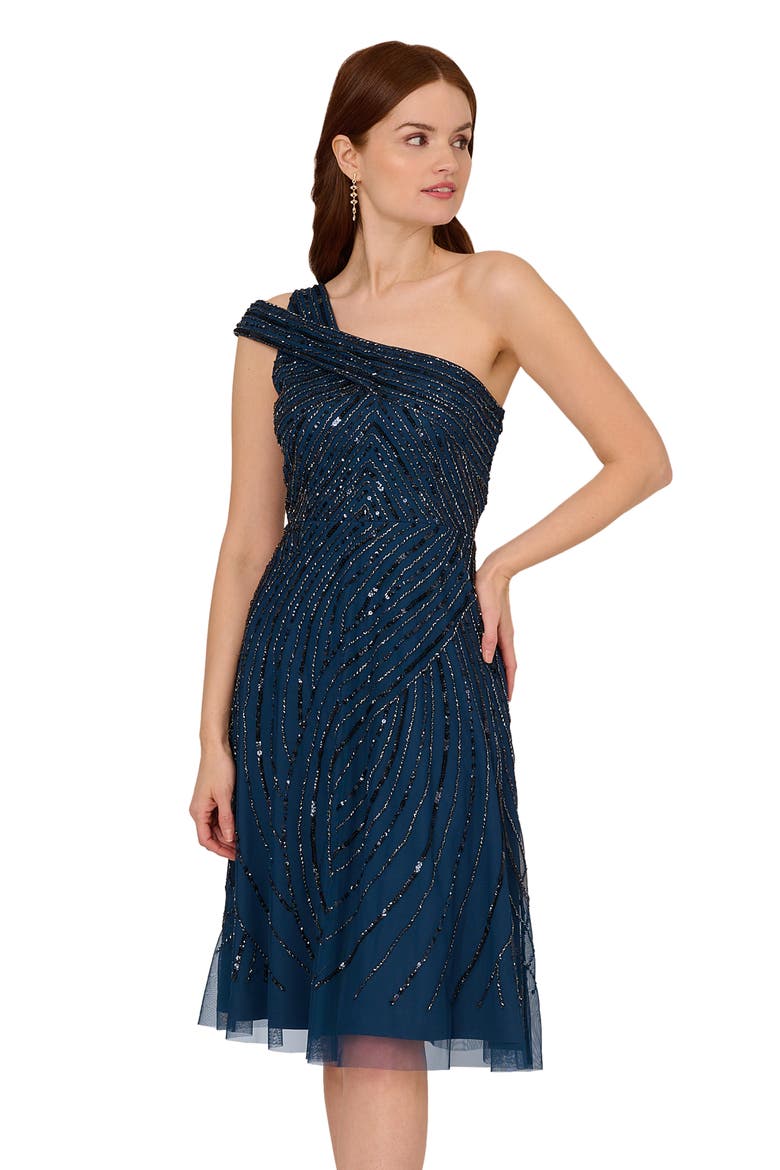 Beaded One-Shoulder Dress, Alternate, color, DEEP BLUE