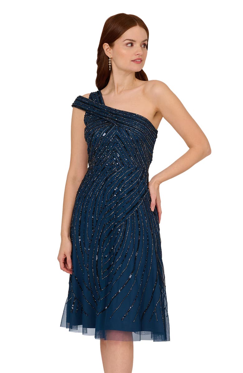 Adrianna Papell Beaded One-Shoulder Dress, Alternate, color, 