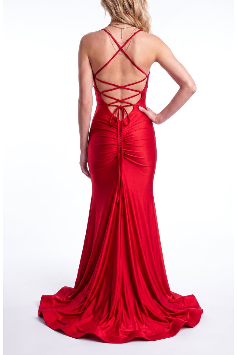 Ruched Lace-Up Back Mermaid Evening Gown, Alternate, color, Red