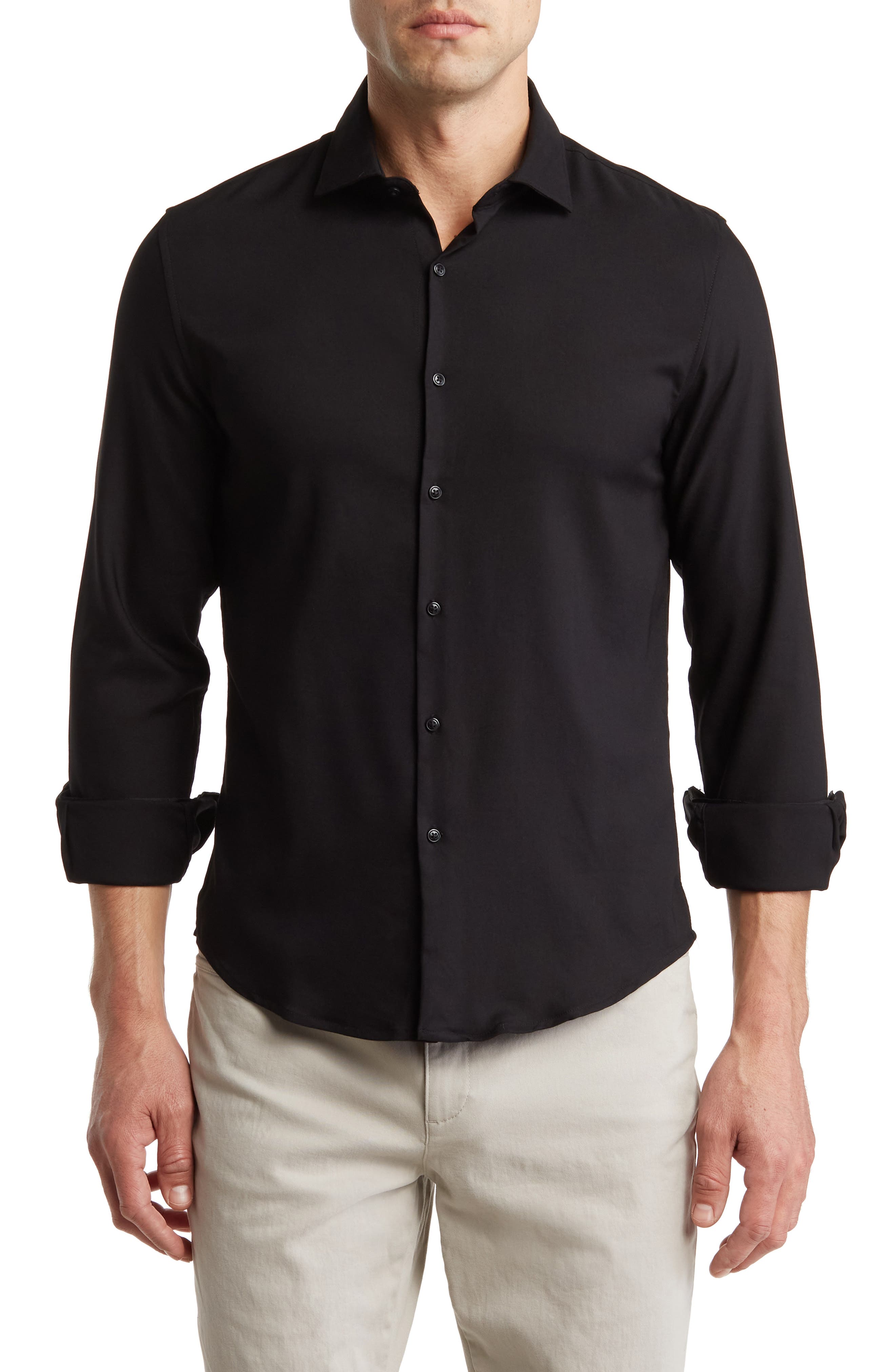 DENIM AND FLOWER Black Solid Stretch Button-Up Shirt